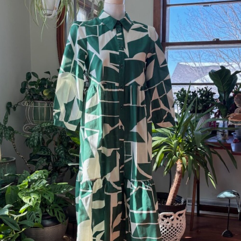 Zara Green and White Geometric Maxi Dress XS